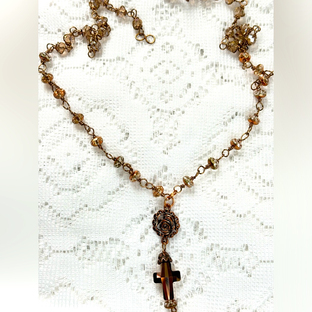 Crystal Cross Necklace Antique Toned